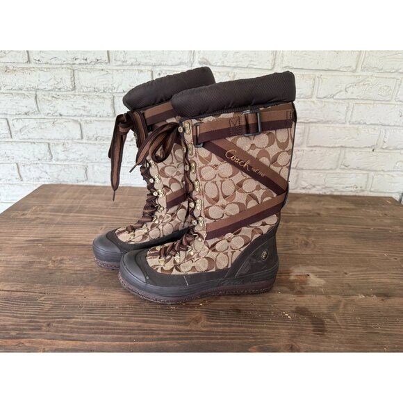 Coach Signature Marian Logo Brown Lace Up Winter Boots Womens Size 8 - Picture 1 of 16
